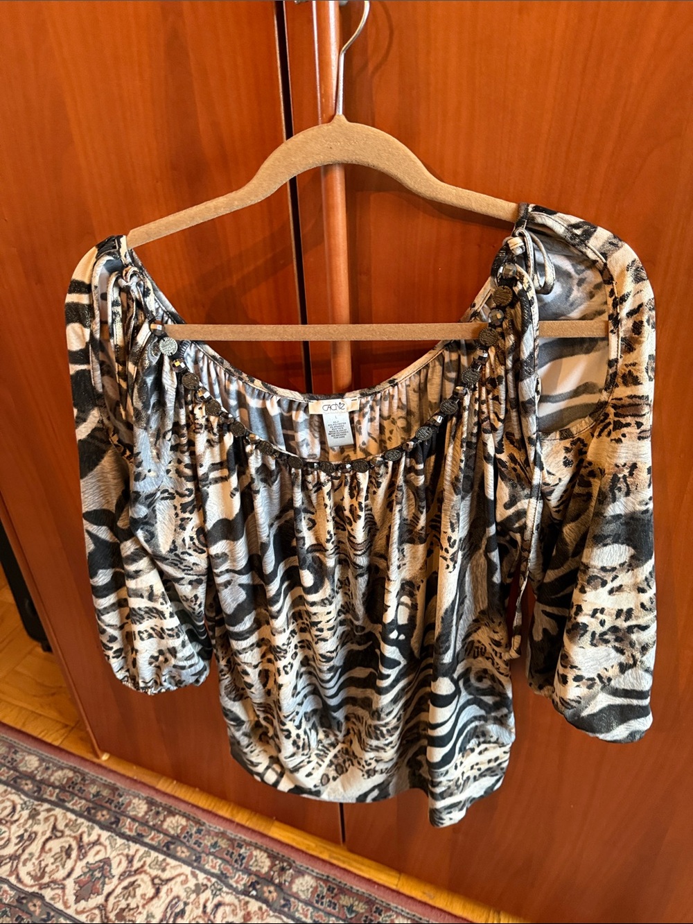 Cache  Black and Cream Animal-Print Off-Shoulder Blouse